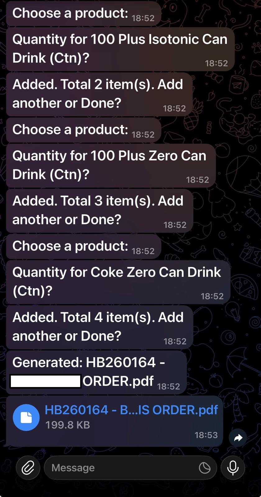 AssistantX Telegram conversation showing item selection and PDF document generation