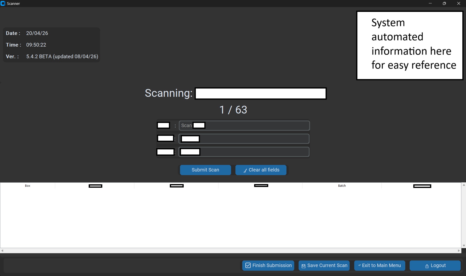 TrackX manufacturing scanning screen with client-sensitive fields hidden